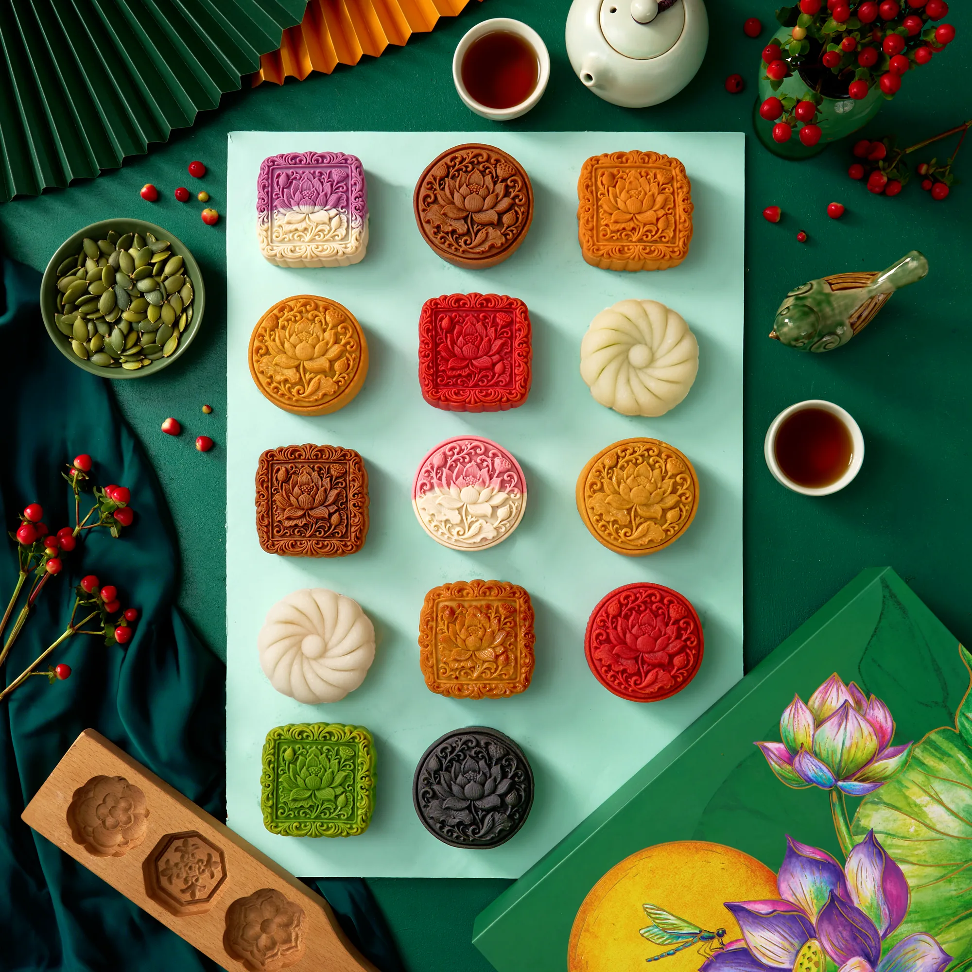 Bánh Trung Thu và trà trên nền xanh lục bảo