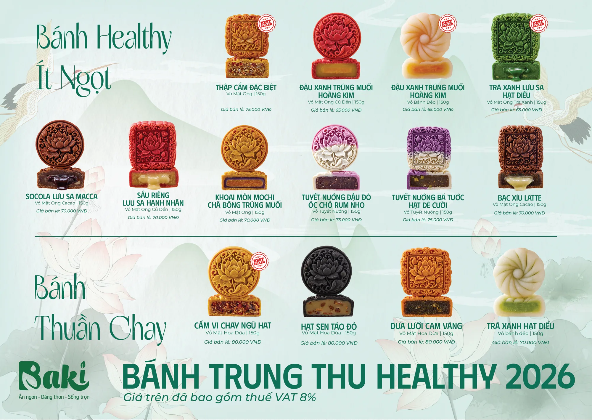 Menu 14 vị bánh Trung Thu Baki 150g năm 2026, giá đã bao gồm VAT 8%