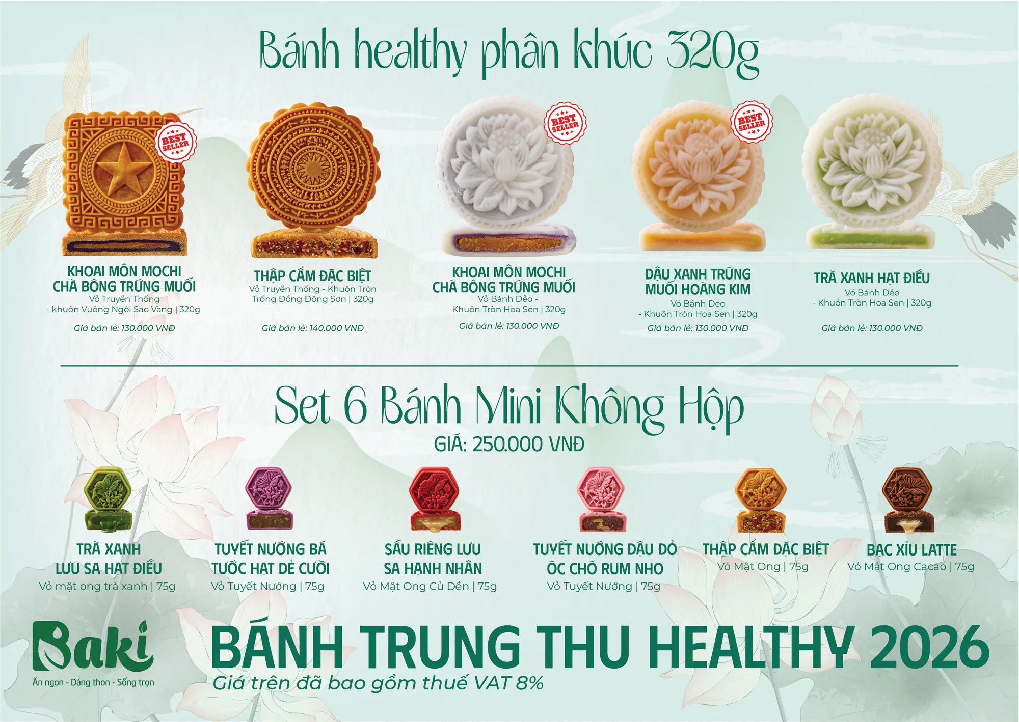 Menu bánh Trung Thu Baki 320g và set mini 75g năm 2026, giá đã bao gồm VAT 8%; nhóm 320g có ba nhãn Best Seller